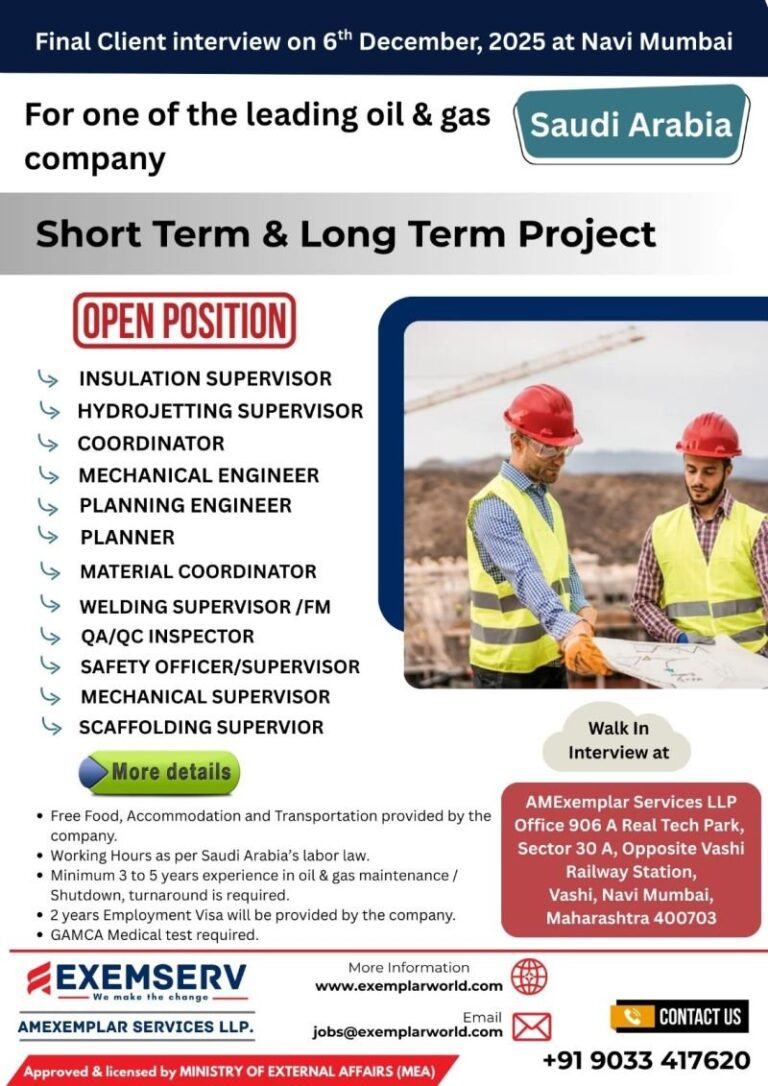 Oil and Gas Jobs in Saudi Arabia – Insulation Supervisor, Hydrojetting Supervisor, and More
