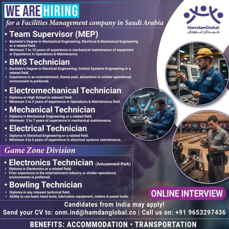 Team Supervisor and Technician Jobs in Saudi Arabia – Facilities Management