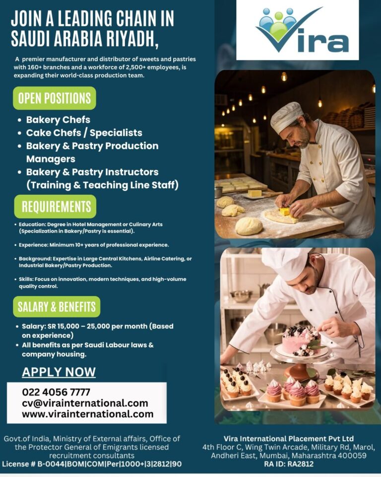 Bakery Jobs in Saudi Arabia – Bakery Chefs, Cake Chefs, Production Managers