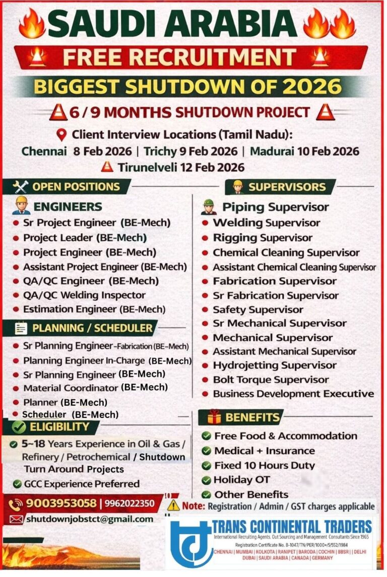 Shutdown Project Jobs in Saudi Arabia – Engineers, Supervisors, and Planners