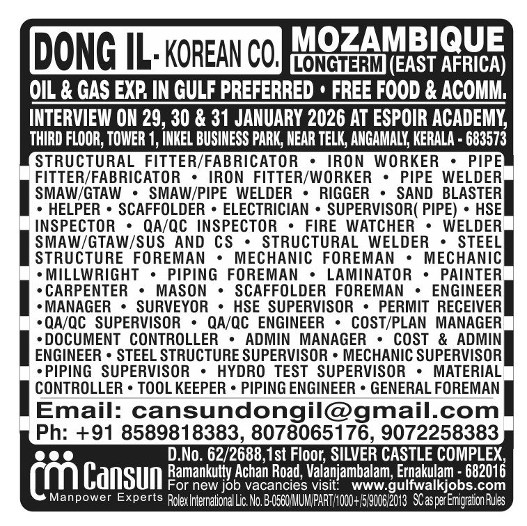 Oil and Gas Jobs in Mozambique – Structural Fitter, Welder, and Supervisor Positions