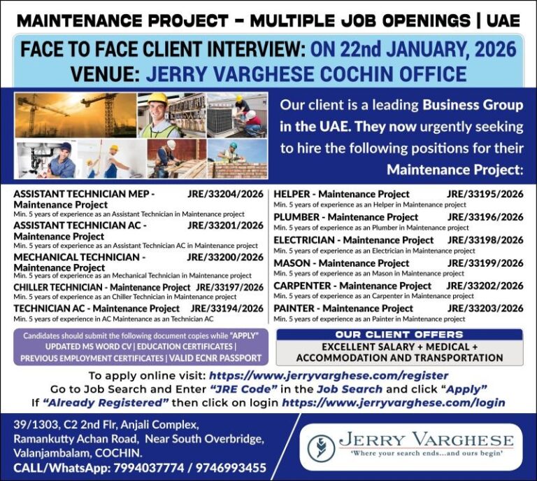 Maintenance Jobs in UAE – Assistant Technician, Helper, Plumber, and More