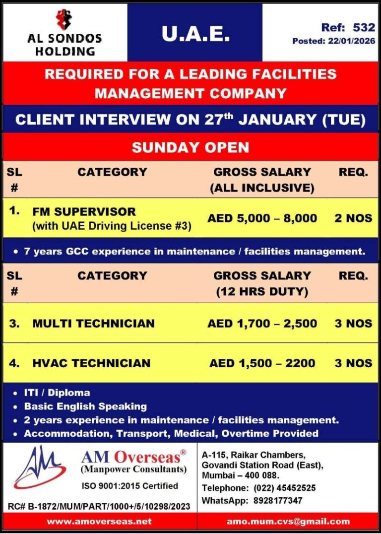 FM Supervisor and Technician Jobs in UAE – 8 Positions