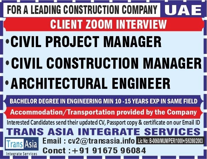 Civil Engineering Jobs in United Arab Emirates – Project Manager