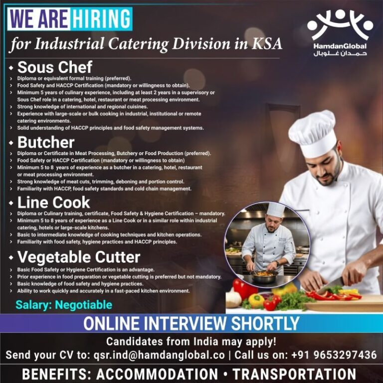 Sous Chef Jobs in KSA – Industrial Catering Division