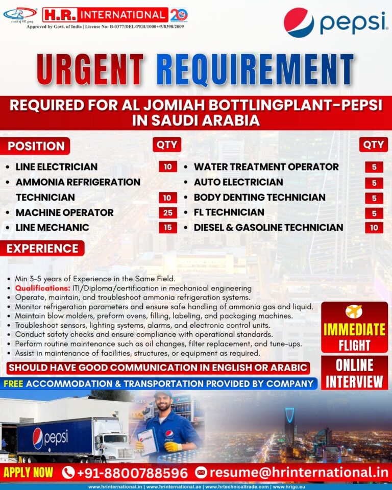 Electrician and Technician Jobs in Saudi Arabia – Al Jomiah Bottling Plant