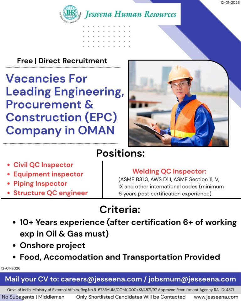 Engineering Jobs in OMAN – Civil QC Inspector, Equipment Inspector, Welding QC Inspector, Structure QC Engineer