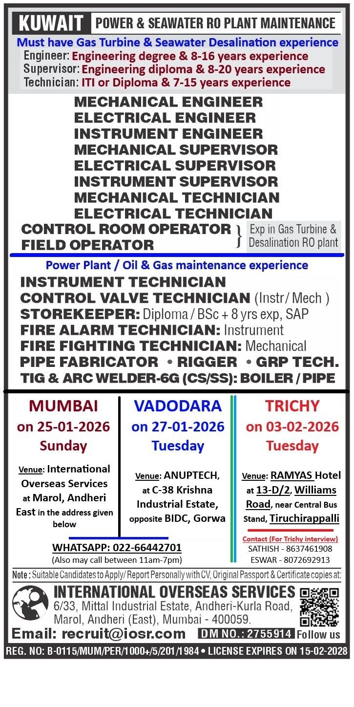 Power and Seawater RO Plant Maintenance Jobs in Gulf – Mechanical, Electrical, and Instrument Engineer