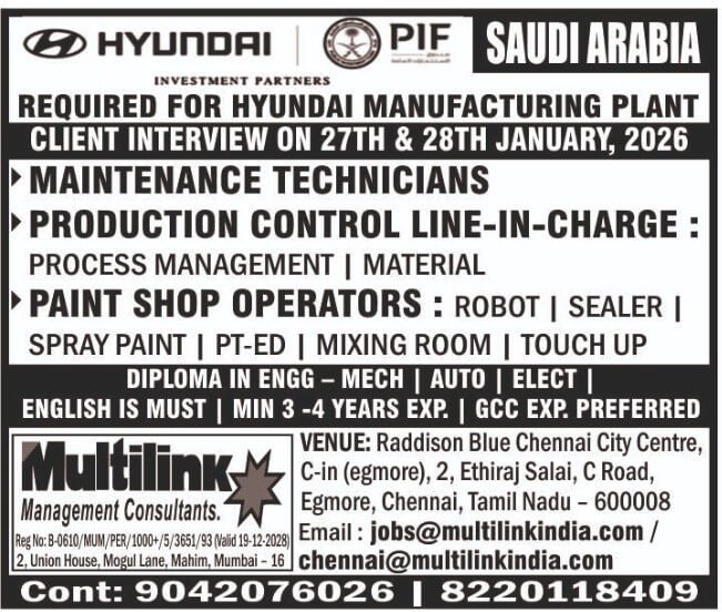 Maintenance and Production Jobs in Saudi Arabia – Maintenance Technicians, Production Control Line-In-Charge, Paint Shop Operators