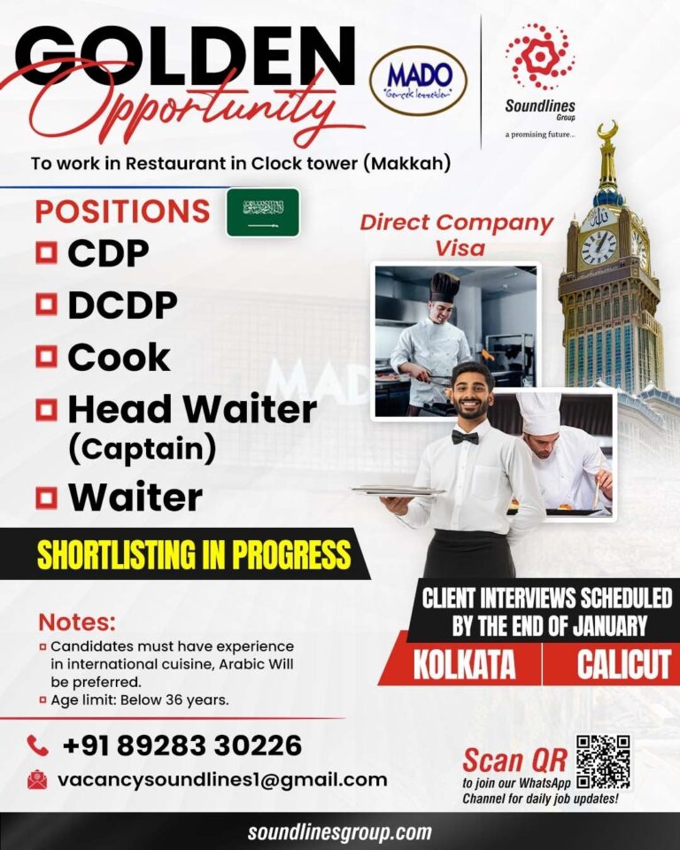Restaurant Jobs in Saudi Arabia – Cook, Head Waiter, Waiter
