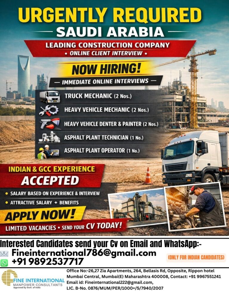 Truck Mechanic Jobs in Saudi Arabia – Heavy Vehicle Mechanic, Denter & Painter, Asphalt Plant Technician
