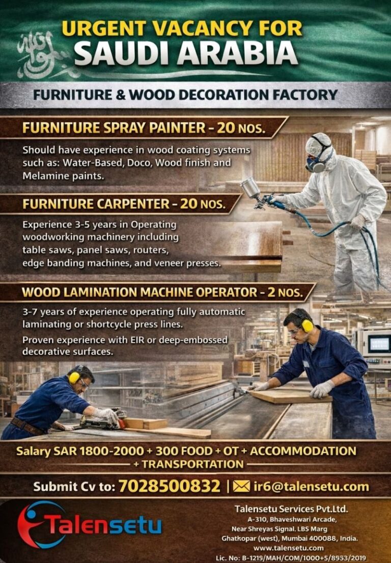 Furniture Carpenter Jobs in Saudi Arabia – 20 Nos.