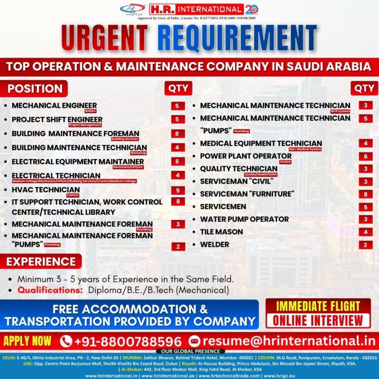 Mechanical Engineer Jobs in Saudi Arabia – Operation & Maintenance