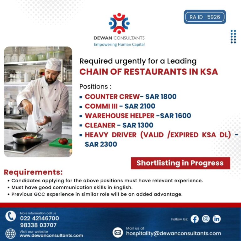 Restaurant Jobs in Saudi Arabia – Counter Crew, Helper, Cleaner, Heavy Driver