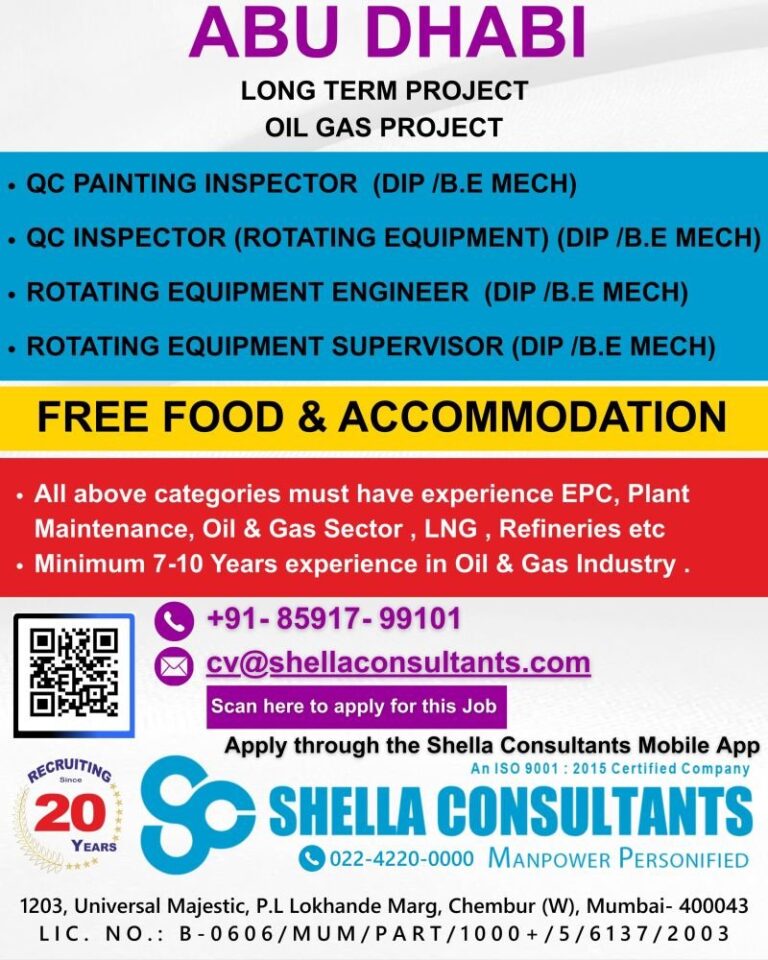 Oil and Gas Jobs in United Arab Emirates – QC Painting Inspector, QC Inspector, Rotating Equipment Engineer, Rotating Equipment Supervisor