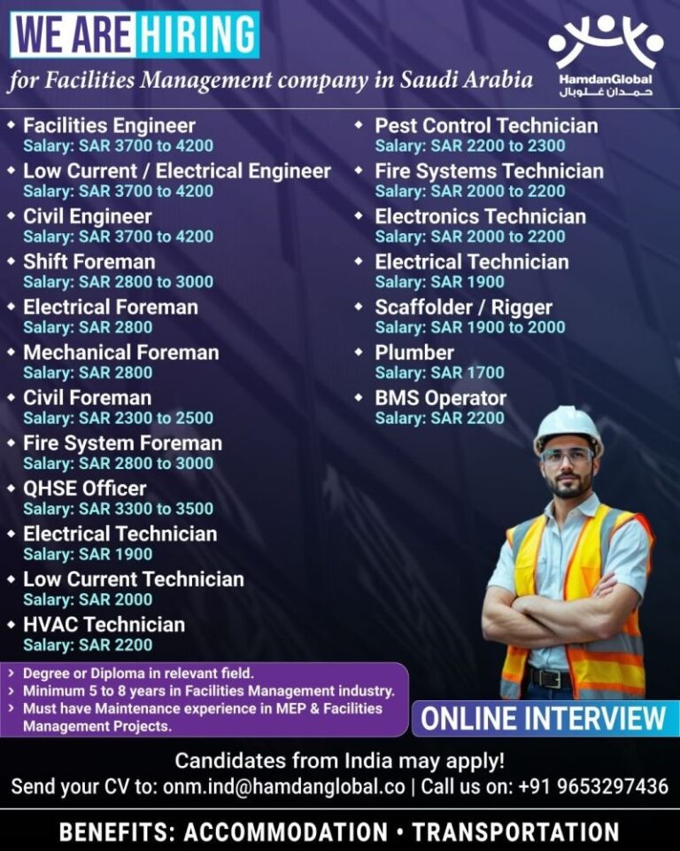 Facilities Management Jobs in Saudi Arabia – Engineer and Technician Positions