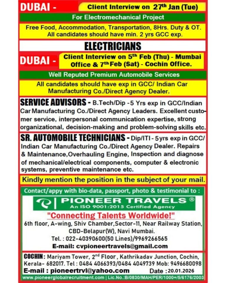 Electromechanical and Automobile Jobs in Gulf – Electricians, Service Advisors, Sr. Automobile Technicians