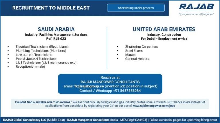 Electrical and Construction Jobs in Saudi Arabia – Technicians and Helpers