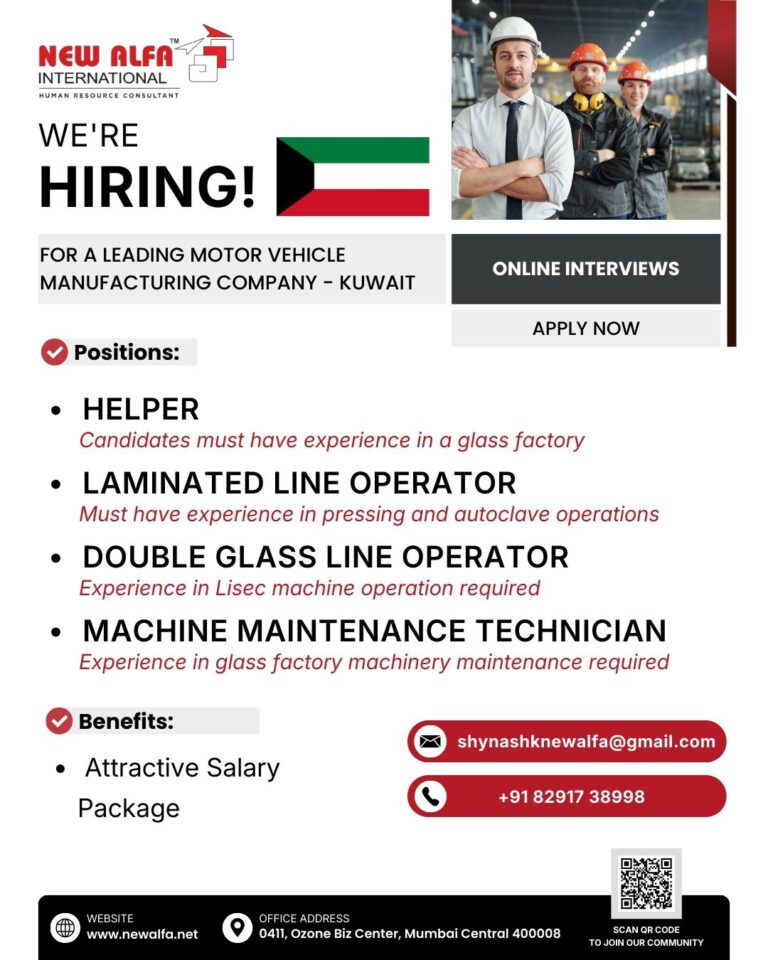 Human Resource Consultant Jobs in Kuwait – Helper, Laminated Line Operator, Double Glass Line Operator, Machine Maintenance Technician