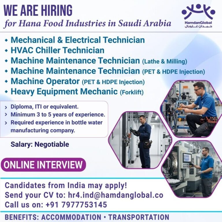 Mechanical and Electrical Technician Jobs in Saudi Arabia – Hana Food Industries