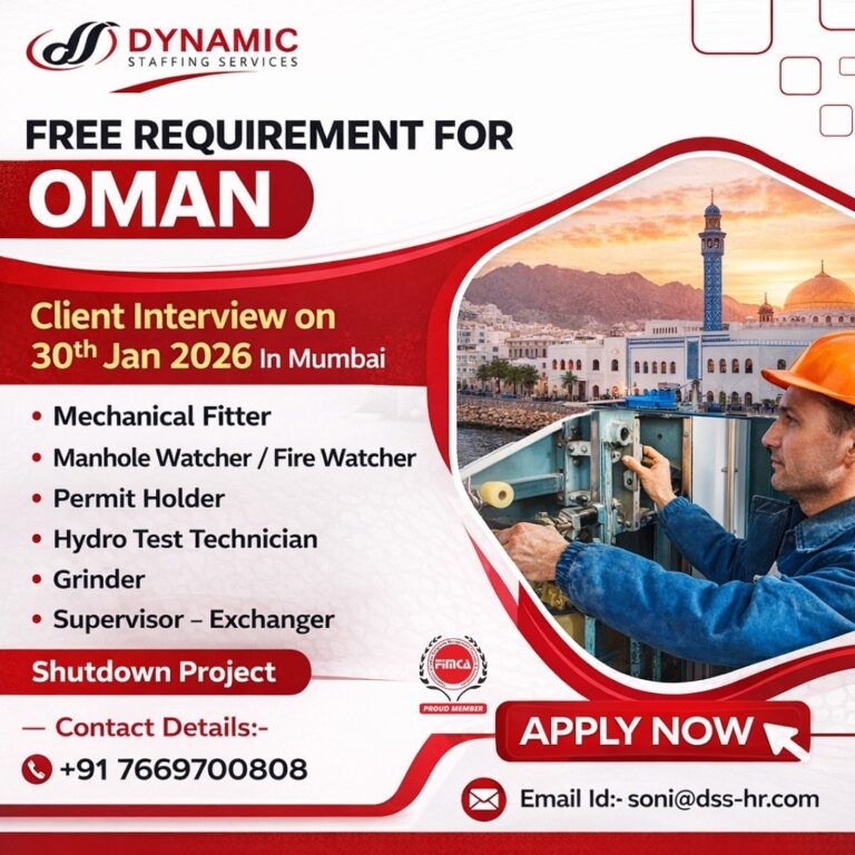 Mechanical Fitter Jobs in Gulf – Manhole Watcher / Fire Watcher, Permit Holder, Hydro Test Technician, Grinder, Supervisor