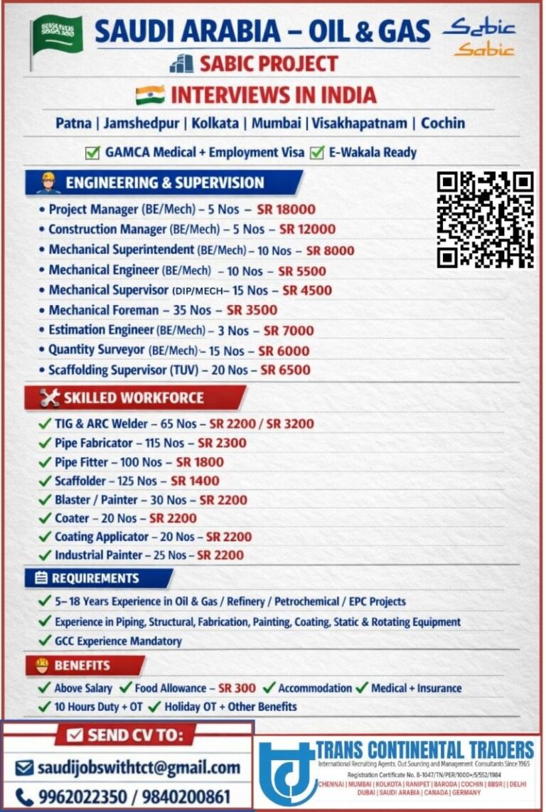 Oil and Gas Jobs in Saudi Arabia – Project Manager, Construction Manager, Mechanical Superintendent