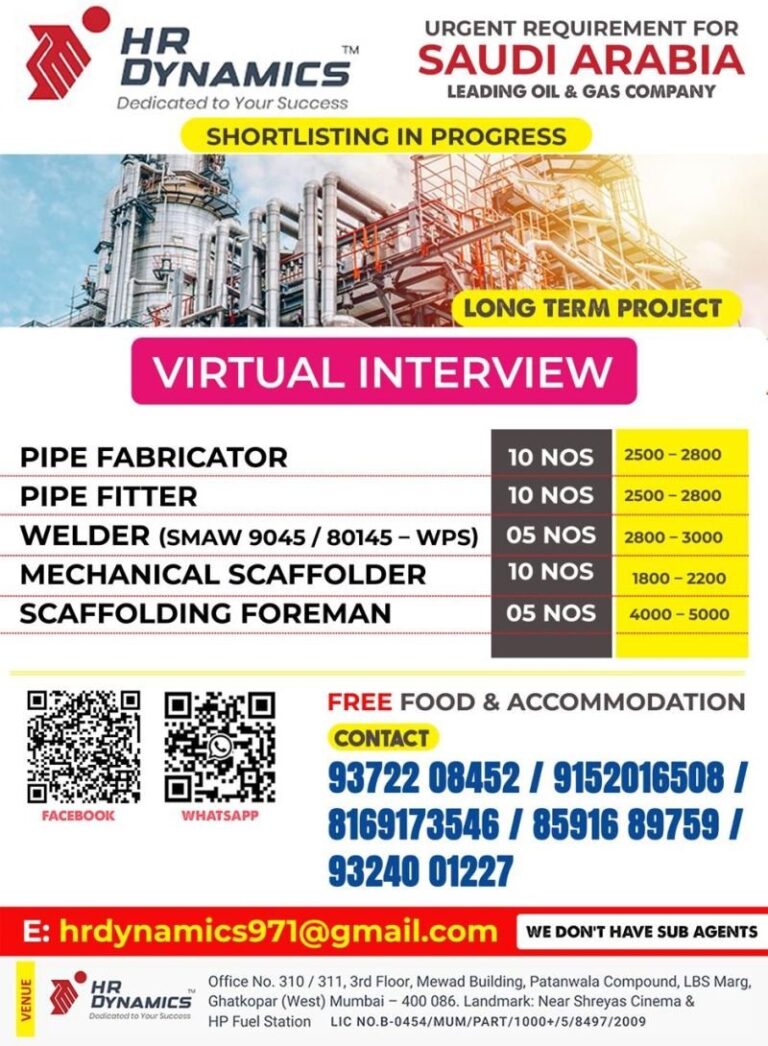 Oil and Gas Jobs in Saudi Arabia – Pipe Fabricator, Pipe Fitter, Welder, Scaffolding Foreman
