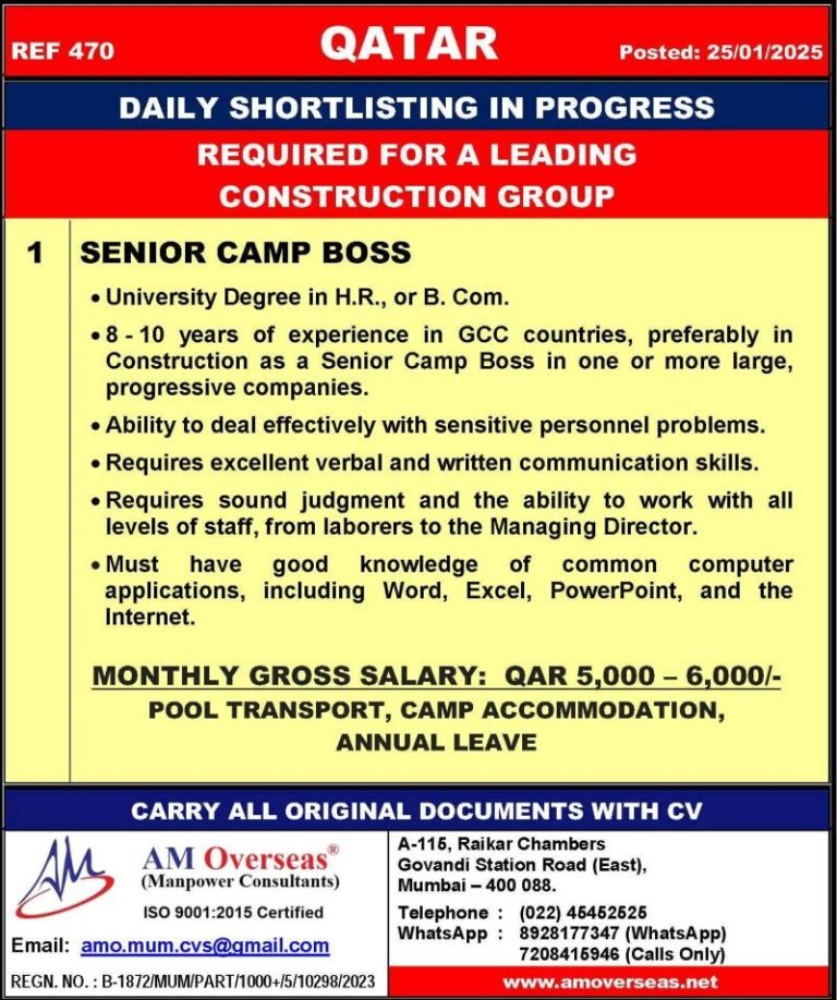 Senior Camp Boss Jobs in Qatar – Camp Management