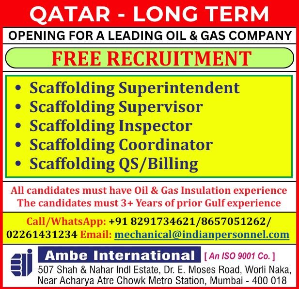 Scaffolding Jobs in Gulf – Scaffolding Superintendent, Scaffolding Supervisor, Scaffolding Inspector, Scaffolding Coordinator, Scaffolding QS/Billing