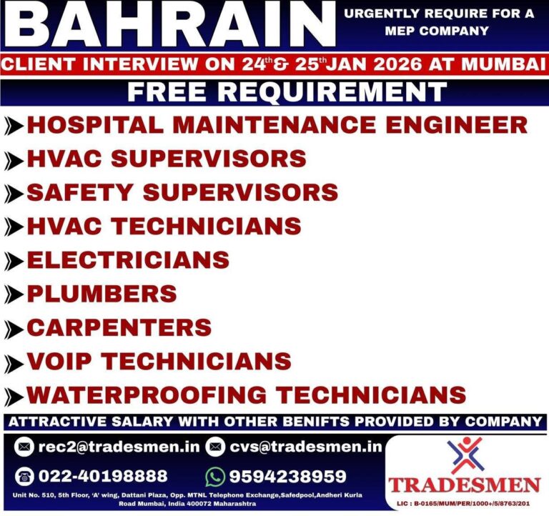 MEP Jobs in Gulf – Hospital Maintenance Engineer, HVAC Supervisors, Safety Supervisors