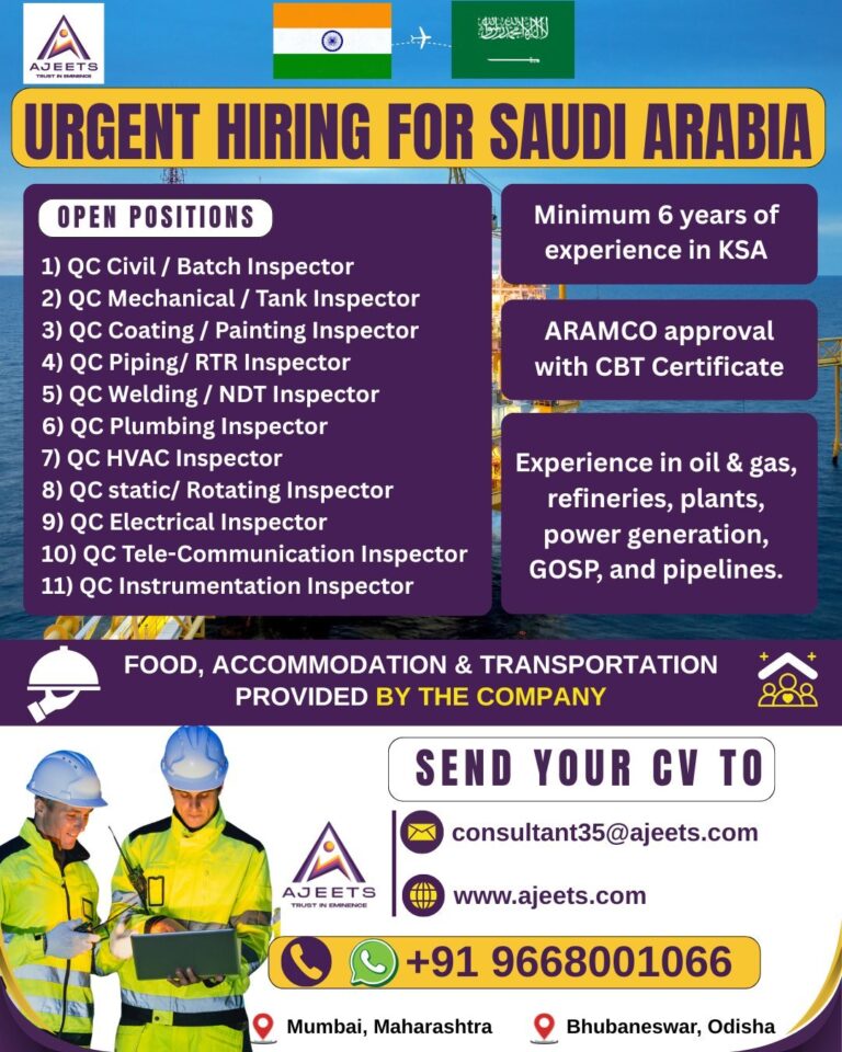 QC Inspector Jobs in Saudi Arabia – Multiple Positions
