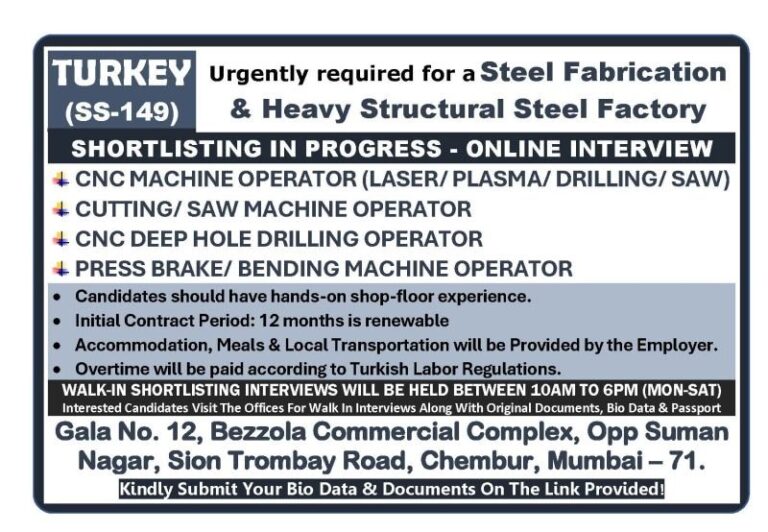 CNC Machine Operator Jobs in Turkey – Steel Fabrication Factory