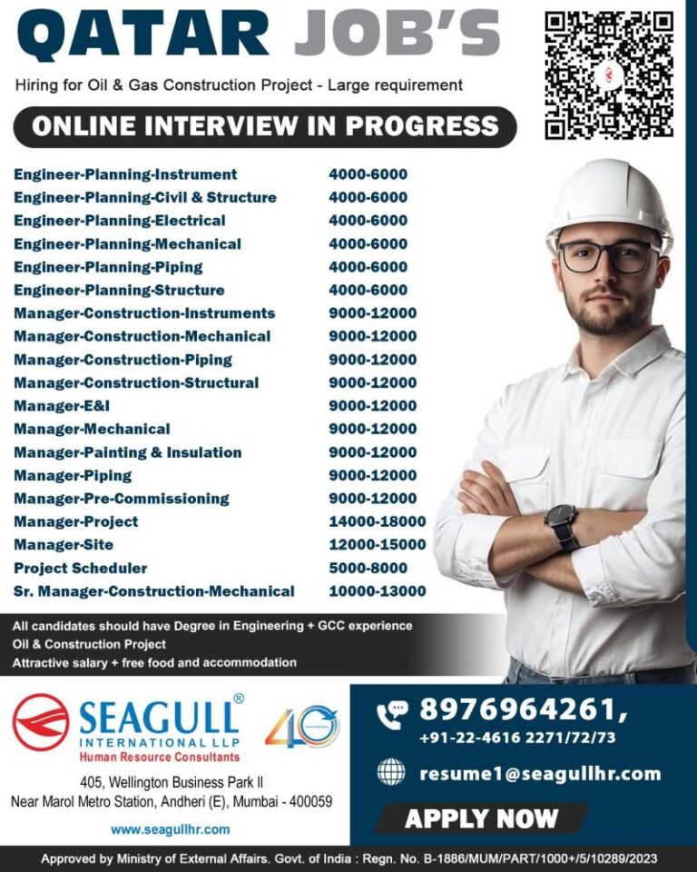 Oil and Gas Construction Jobs in Qatar – Engineer, Manager, and Project Scheduler