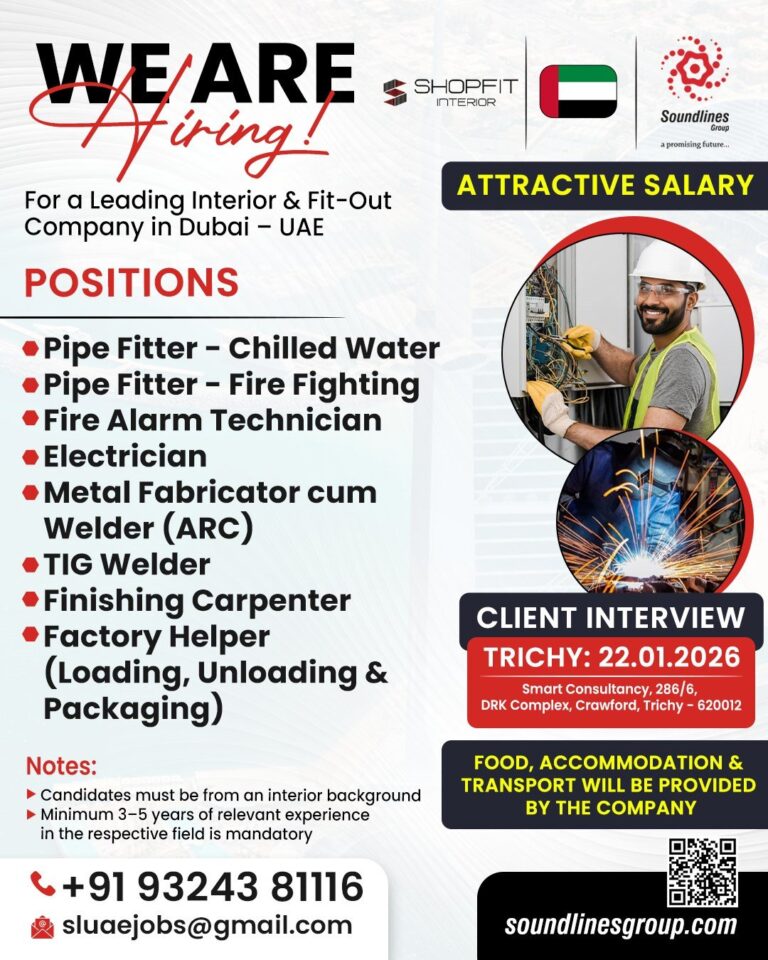 Interior & Fit-Out Jobs in UAE – Pipe Fitter, Fire Alarm Technician, Electrician, Metal Fabricator, Welder, Finishing Carpenter, Factory Helper