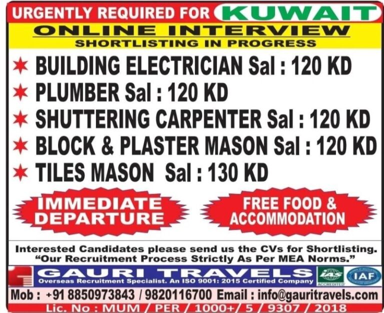 Electrician, Plumber, Carpenter, and Mason Jobs in Gulf – Multiple Positions