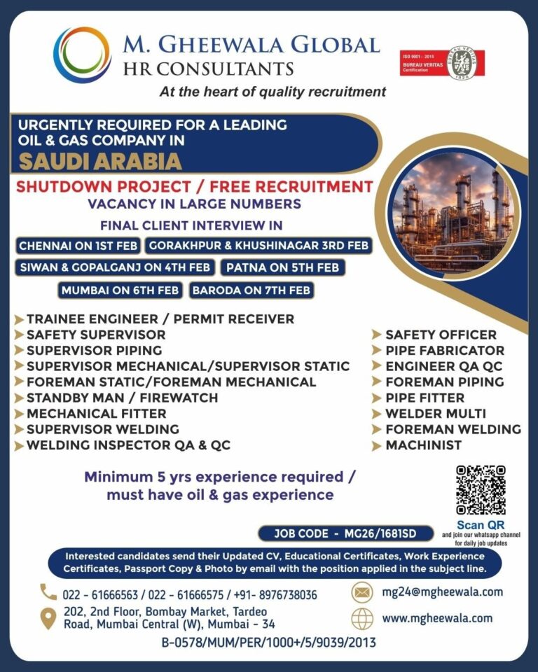 Engineer and Supervisor Jobs in Saudi Arabia – Oil and Gas Industry