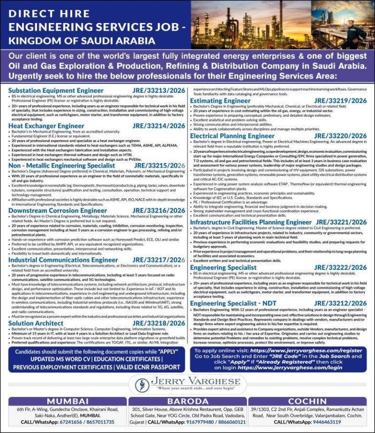Engineering Jobs in Saudi Arabia – Substation Equipment, Heat Exchanger, and More