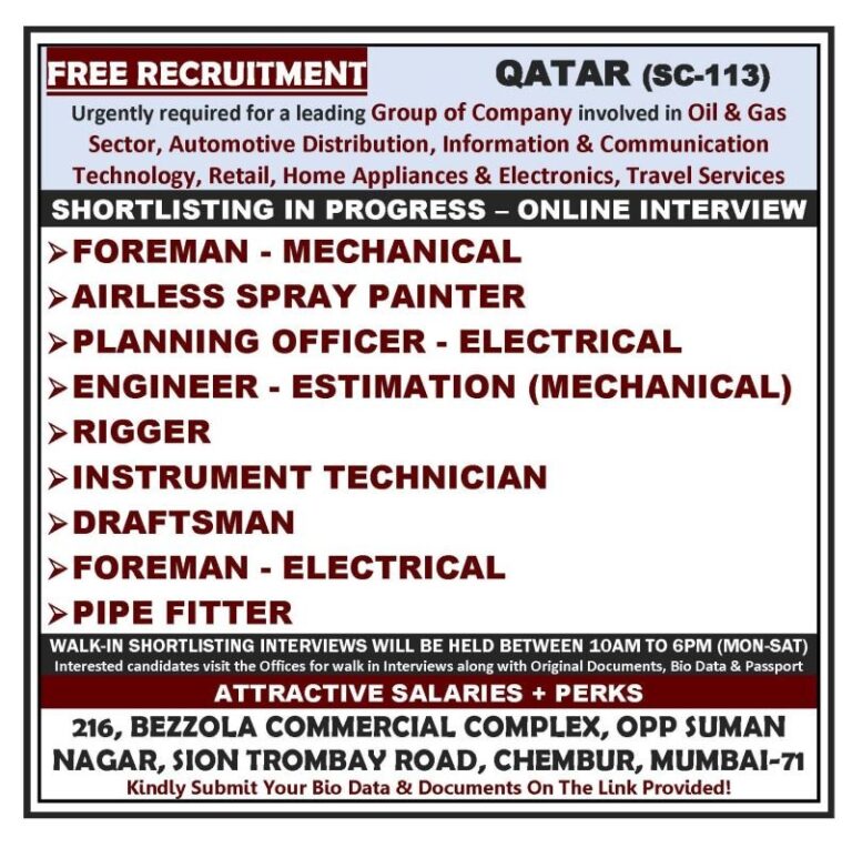 Mechanical and Electrical Jobs in Qatar – Foreman, Painter, and Technician