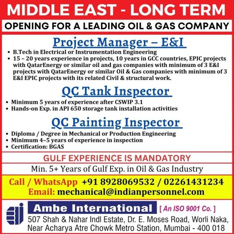 Oil and Gas Jobs in Qatar – Project Manager, QC Tank Inspector, QC Painting Inspector