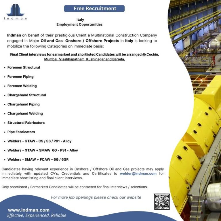 Construction Jobs in Italy – Foremen, Chargehand, Fabricators, Welders