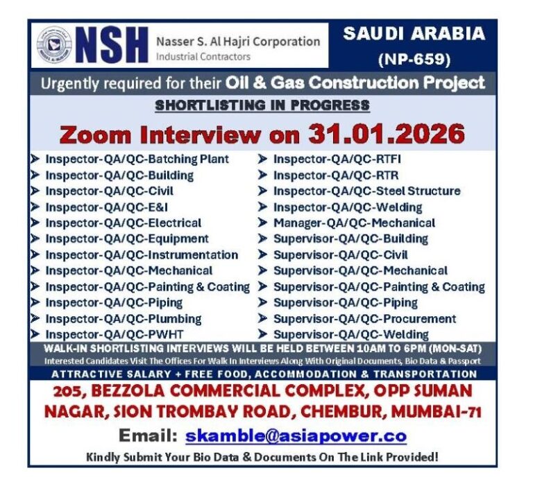 QA/QC Inspector and Supervisor Jobs in Saudi Arabia – Oil & Gas Construction Project
