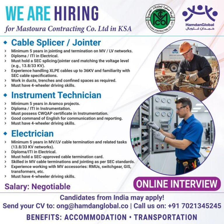 Cable Splicer/Jointer and Electrician Jobs in KSA – Multiple Positions