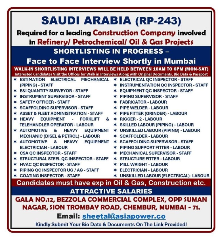 Construction Jobs in Saudi Arabia – Estimation, Electrical, Mechanical, and Safety Staff