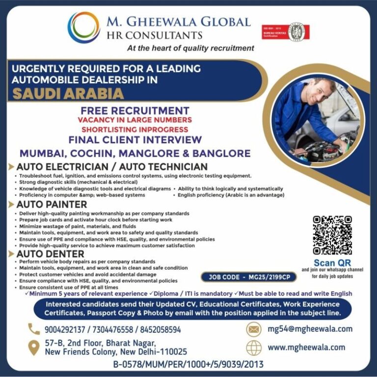 Auto Electrician/Auto Technician and Auto Painter/Denter Jobs in Saudi Arabia – Automobile Dealership