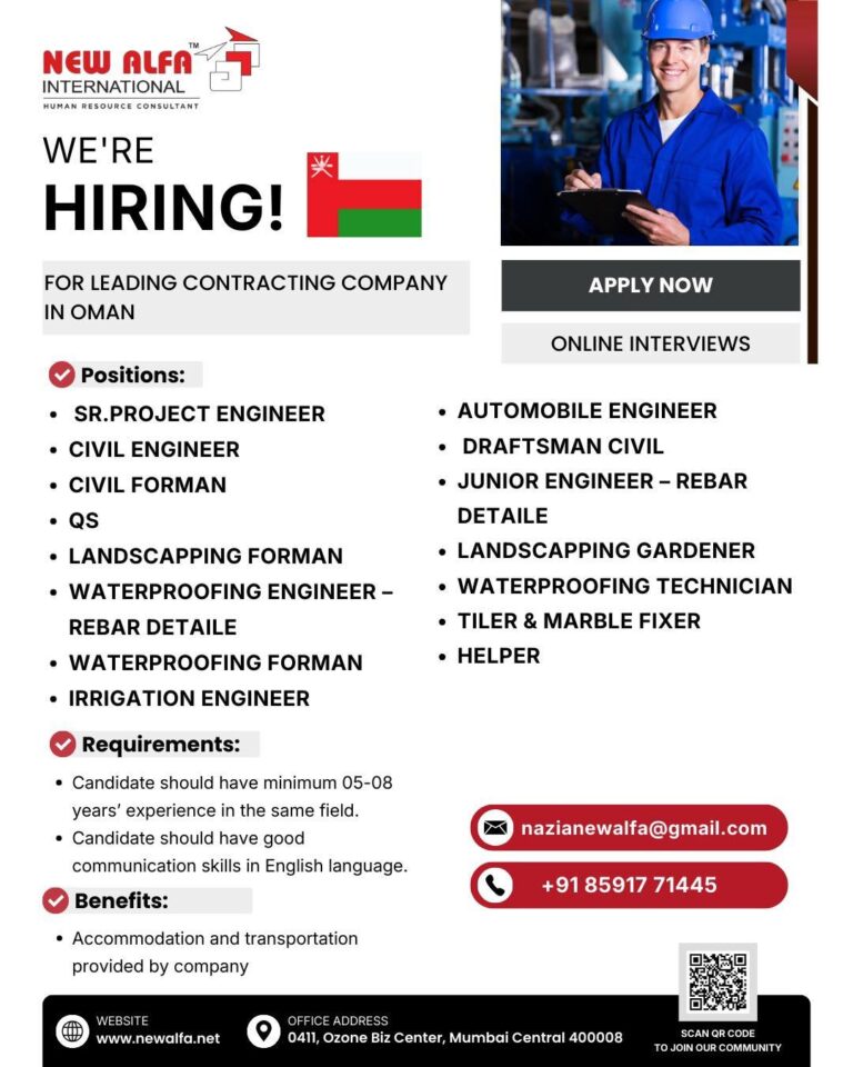 Engineering and Construction Jobs in Oman – SR. Project Engineer, Civil Engineer, and More