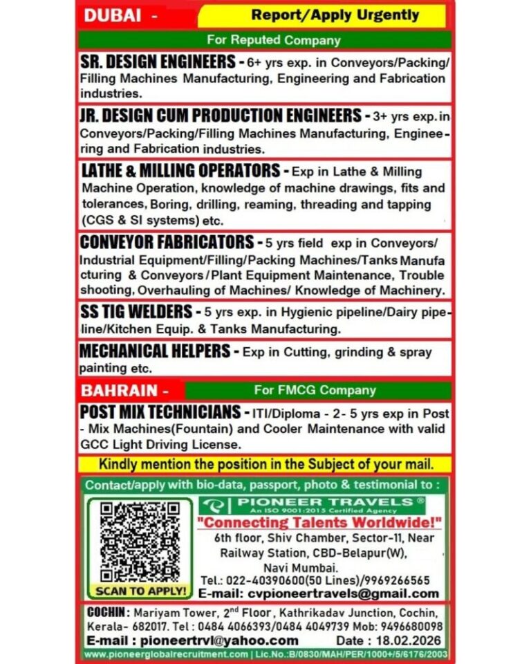 Design and Manufacturing Jobs in Gulf – Sr. Design Engineers, Jr. Design Cum Production Engineers, and More