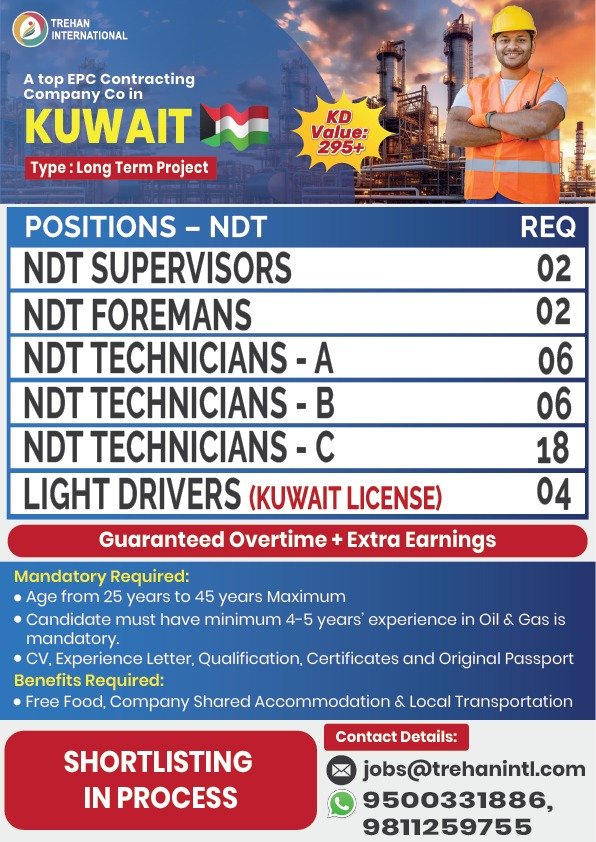 NDT Jobs in Kuwait – NDT Supervisors, Foremen, Technicians, and Drivers