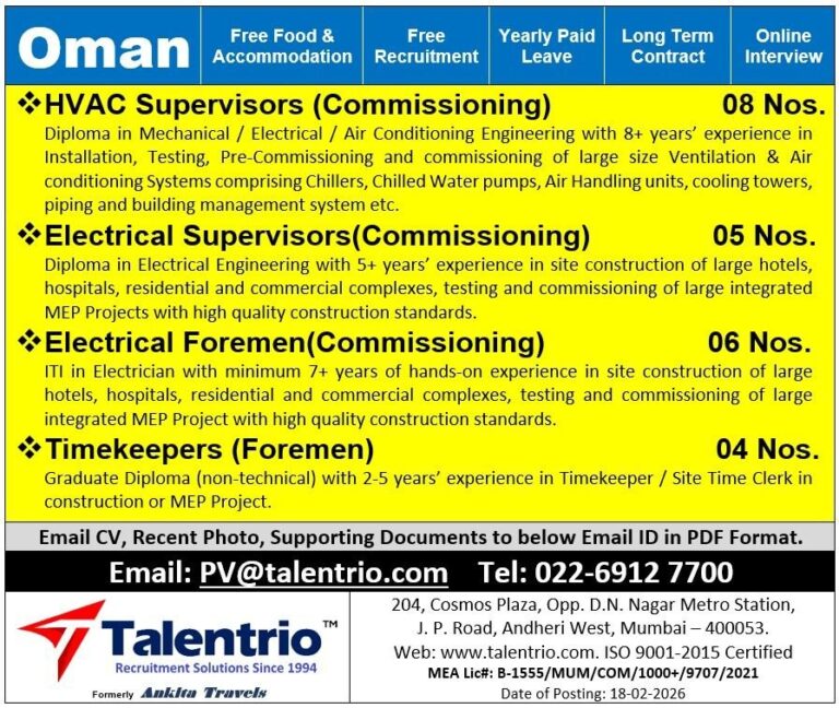 HVAC and Electrical Jobs in Oman – Supervisors and Foremen