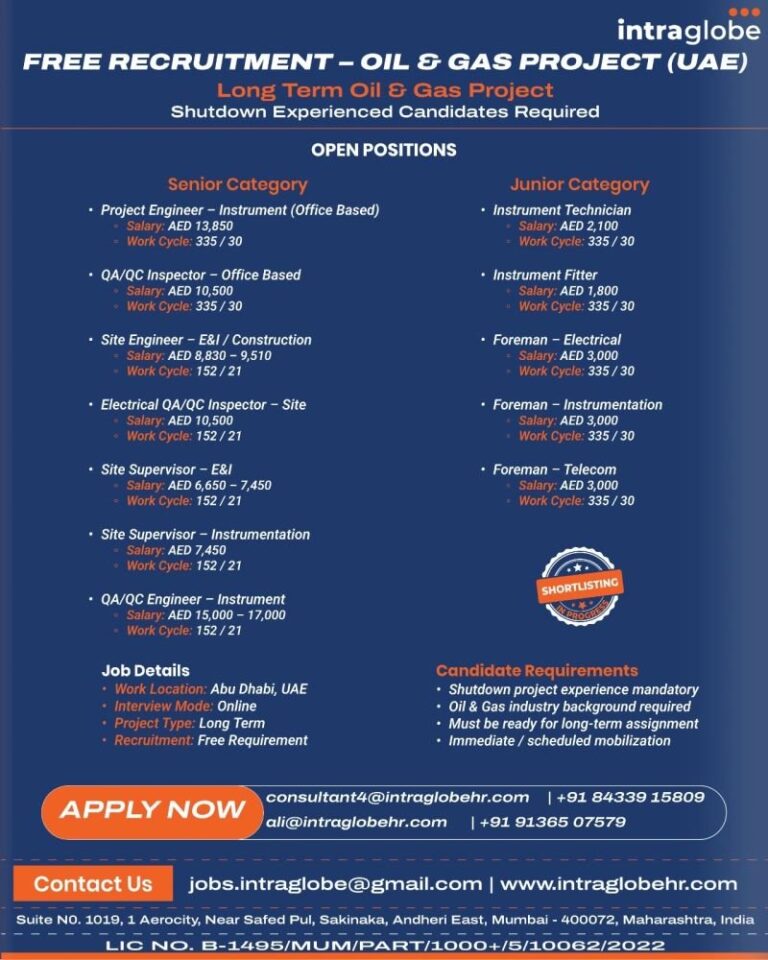 Oil and Gas Jobs in UAE – Project Engineer, QA/QC Inspector, Site Engineer