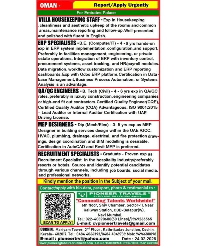 Villa Housekeeping Staff and Other Jobs in United Arab Emirates – Hospitality and IT Positions